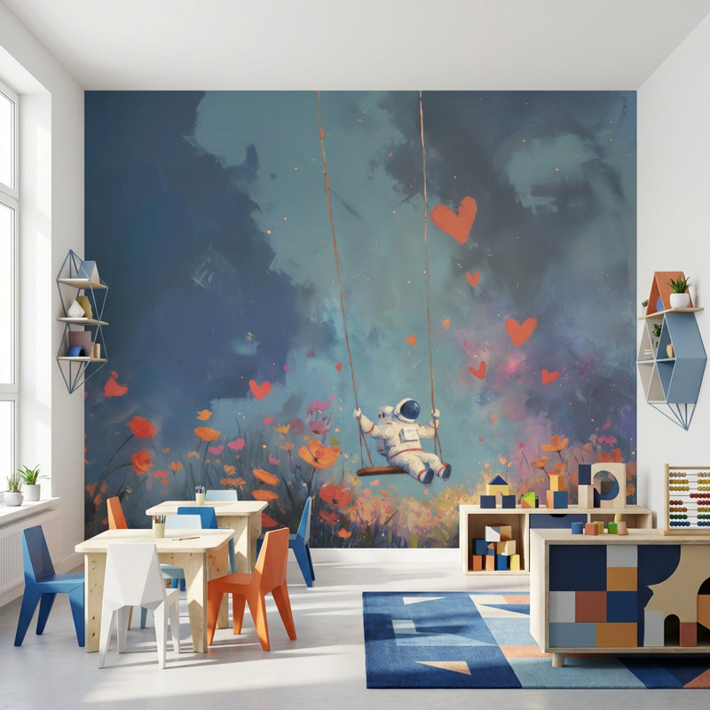 Murale astronaute avec fleurs pivotantes, Non-collé, L: 112 po x H: 72 po