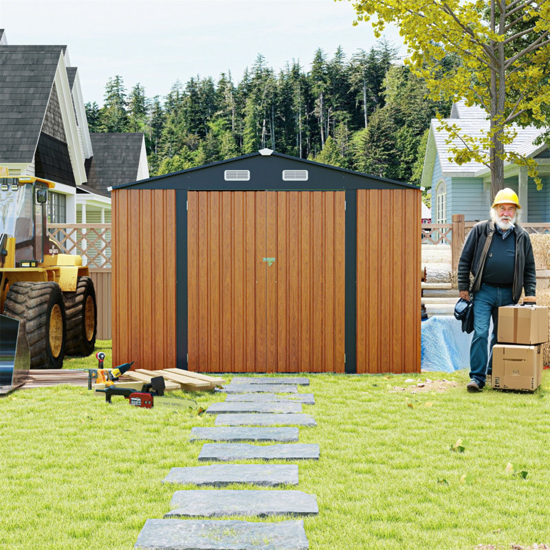 Campcraft  Outdoor Storage Shed 9×11 FT With 3 Lockable Doors,Utility Tool Shed Metal Storage Garden Sheds 4 Vents,Metal Sheds With Galvanized Steel Frame,For Backyard,Patio,Lawn,Yellow