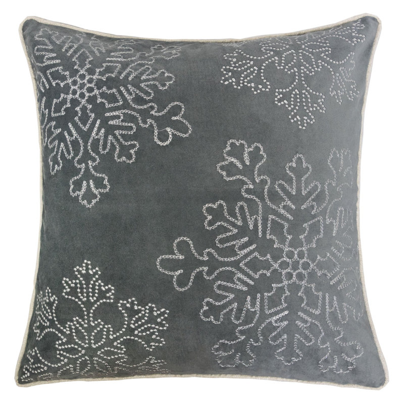 Coussin décoratif en velours gris 20 x 20 avec broderie et flocon de neige argenté