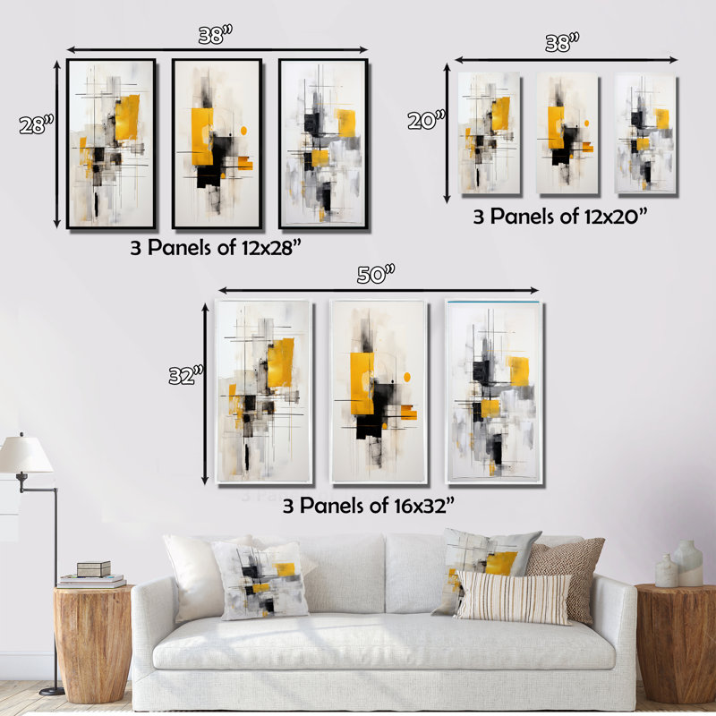 "Gris jaune, minimalisme pureté de la forme", 3 pièces sur toile, Cadre flottant noir, H 32 po x l 48 po