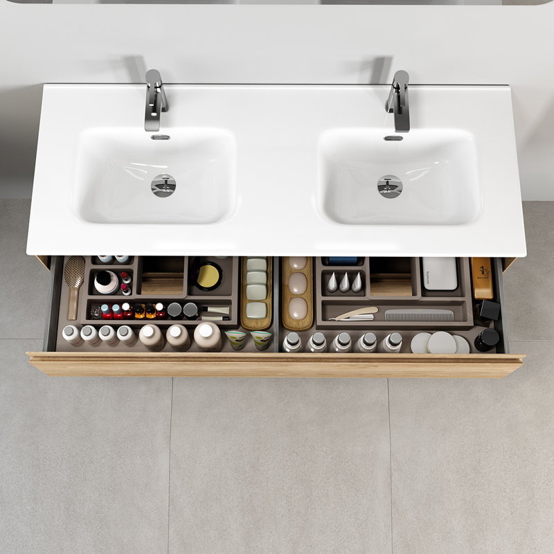 Natural Oak Double Wall-Mount Bathroom Vanity with Ceramic Top