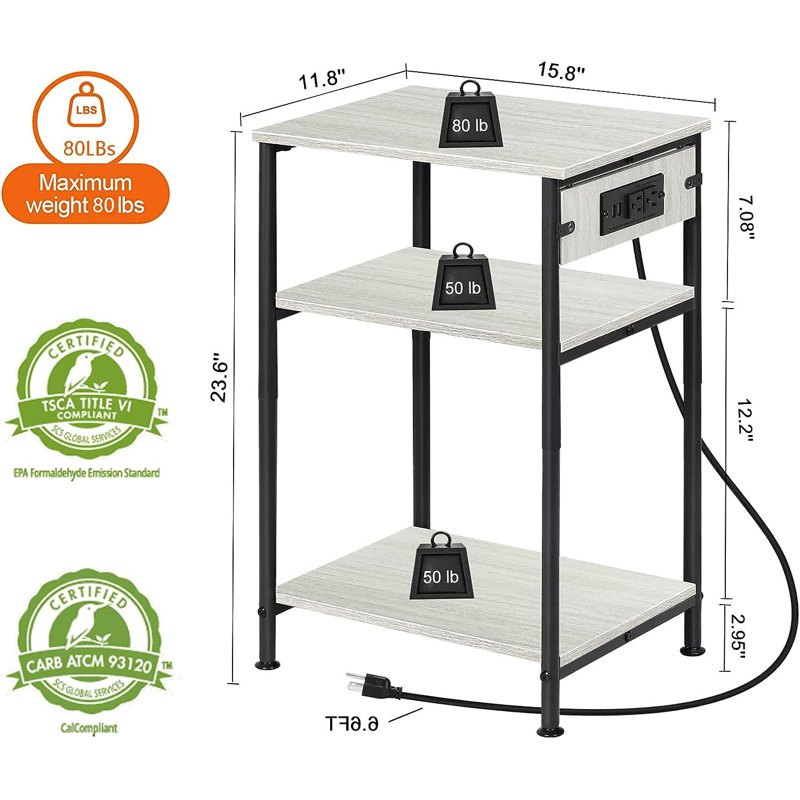 Allouette End Table and Built-In Outlets, Gray