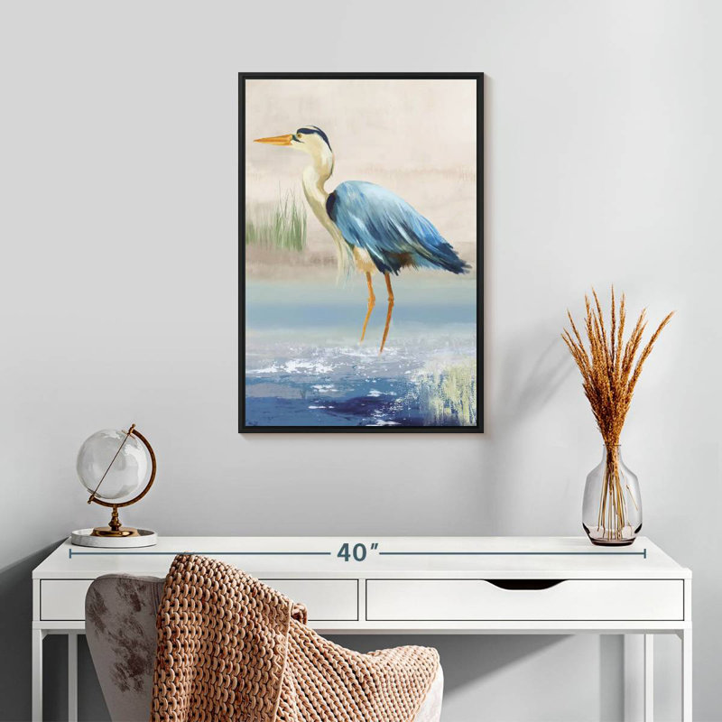 Héron sur la plage, Cadre flottant noir, 17 po x 25 po