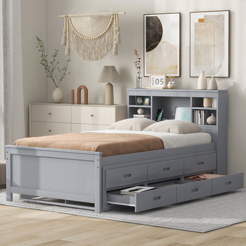 Lit plateforme avec tête de lit avec rangement, gris, Lit simple