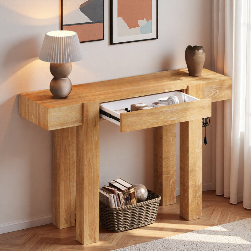 Console minimaliste avec tiroir caché et prise de courant latérale, Naturel
