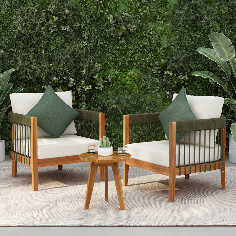 Ensemble de conversation avec coussins en bois d'acacia et corde Lingard, Beige, Corde verte / naturel