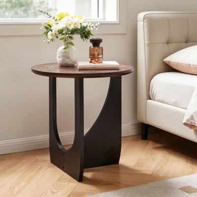 Mid-Century Modern Round End Table with Walnut-Finish Top and Black Sculptural Base