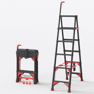 6 Step Steel Folding Step Ladder with Handrail, Telescoping Ladder