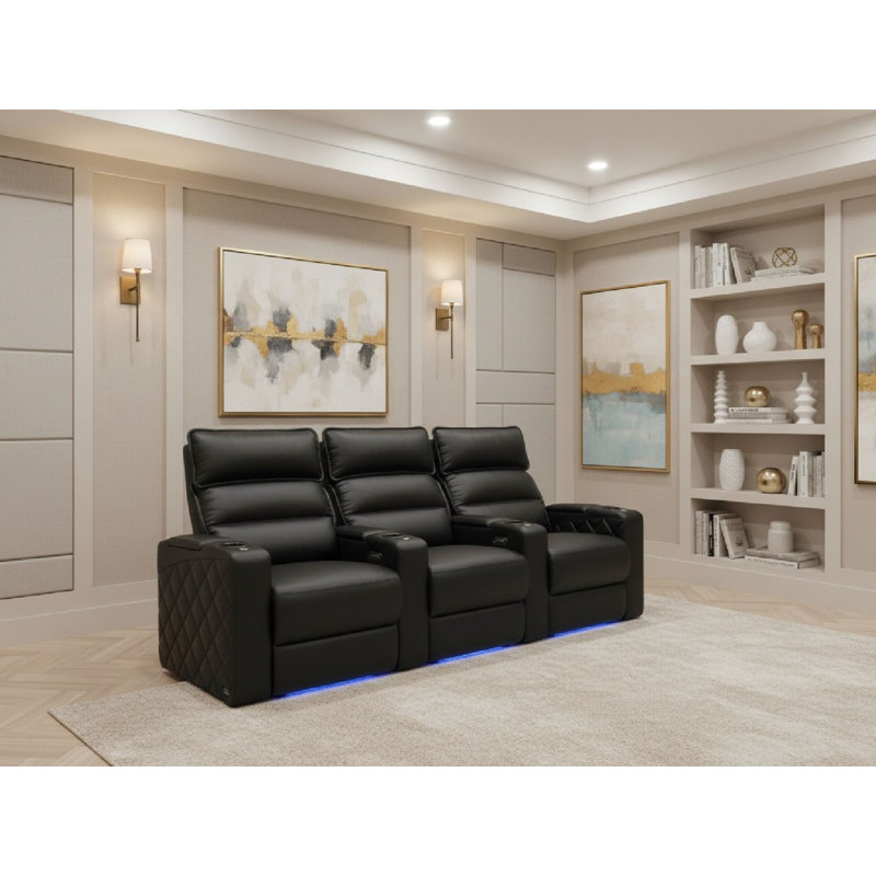Upholstered Home Theater Seating with Cup Holder, Black Genuine Leather