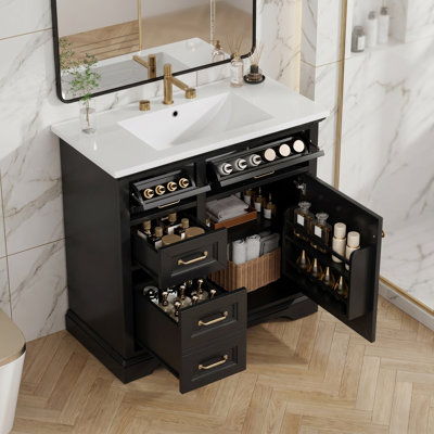 36" Modern Bathroom Storage With Ceramic Sink, 4 Drawers & Soft-close Door, Freestanding, 8" Faucet Pre-drilled