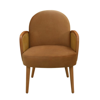 Mid-century Accent Chair (brown) – Velvet Upholstery With Rattan Armrests & Rubberwood Legs, Ergonomic Lounge Chair For Living Room/reading Nook/bedroom/balcony