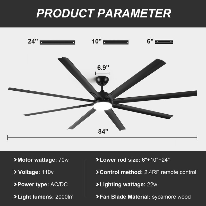 Ventilateur de plafond industriel noir 84 po avec lumière DEL