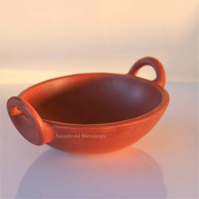 SWADEShi Blessings, gamme exclusive d'argile non émaillée / Mitti / terre de Kadai fabriquée à la main, 1,8 litre (avec abat-jour naturel et miroir) + support à feuilles de palmier gratuit (1,8 litre rouge)