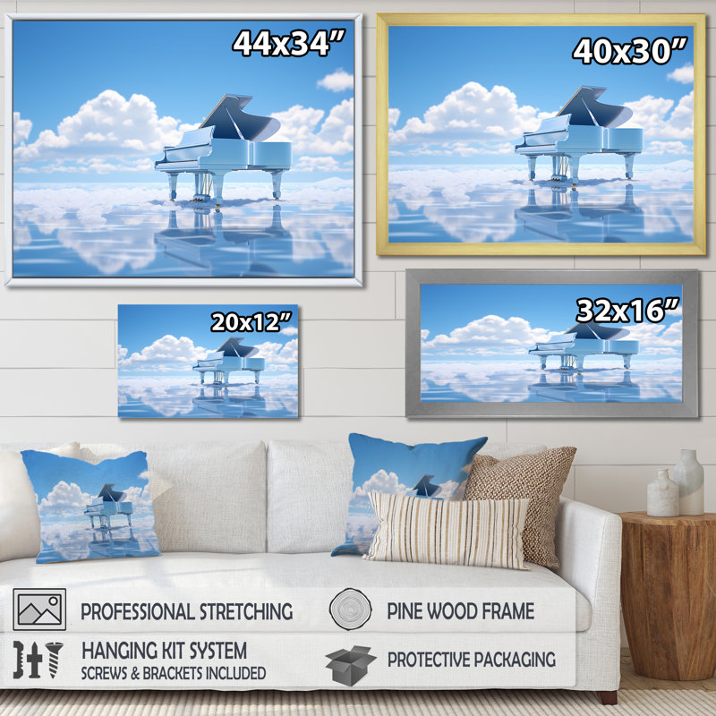 «Floating Piano In Cloud Photo», art mural sur toile Piano, H 30 po x l 40 po x P 1,5 po, Cadre flottant doré