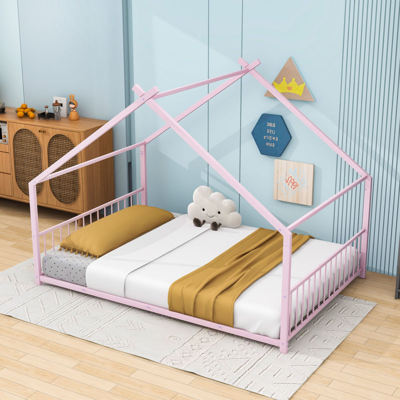 House Bed With Playhouse Design And Headboard, Full, Pink