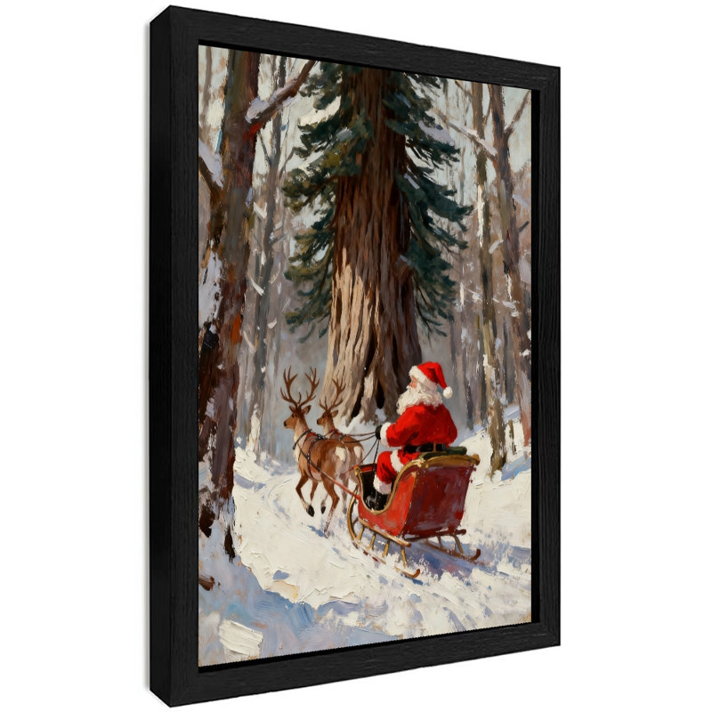 Père Noël noir encadré noir chevauchant un traîneau dans la forêt enneigée, reproductions d'art encadrées, H 25 po x l 17 po