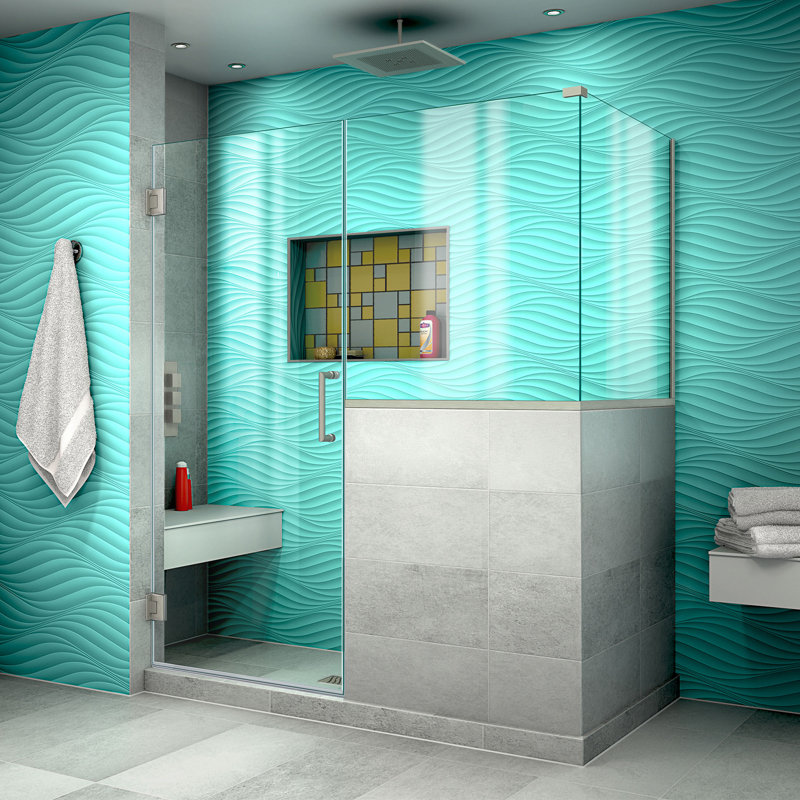 Unidoor Plus 59" W x 30.375" D x 72" H Frameless Pivot Rectangle Shower Enclosure with Fixed Panel, Brushed Nickel