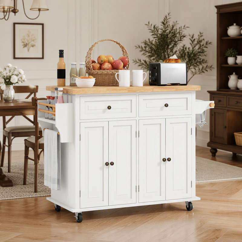 Chariot d'îlot de cuisine mobile avec plateau en bois massif, armoires de rangement, tiroirs et étagères réglables pour une organisation optimale
