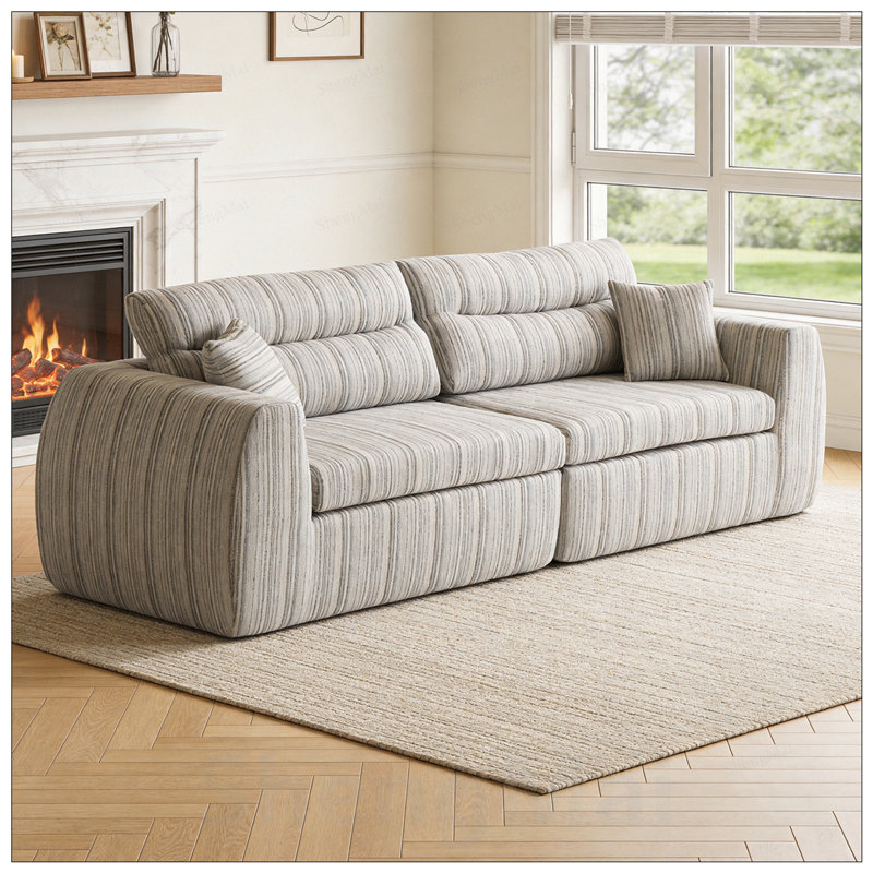 Chenille Stripe Fabric Compressed Sponge Sofa, 3-Seater Modern Upholstered Couch with Throw Pillows for Living Room, Apartment, Small Space