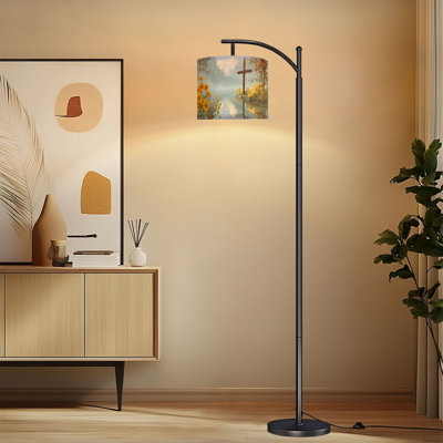 Arc Floor Lamp with Adjustable Lampshade Sunflower Rustic Farmhouse Fall Cross Sunflowers Mountains Sunset Sky Standing Lamp 3 Color Temperatures Dimmable Tall Pole Lamp with Foot Switch for Bedroom