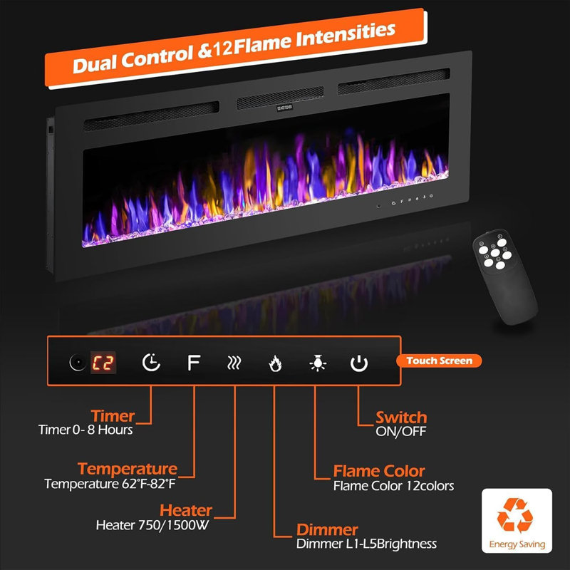 60 inch Electric Fireplace Wall-Mounted Recessed 750/1500W 5120 BTU Heat Output Fireplace Heater with Remote Control Timer 12 Adjustable Flame Colours Brightness Log Set Crystal Stones