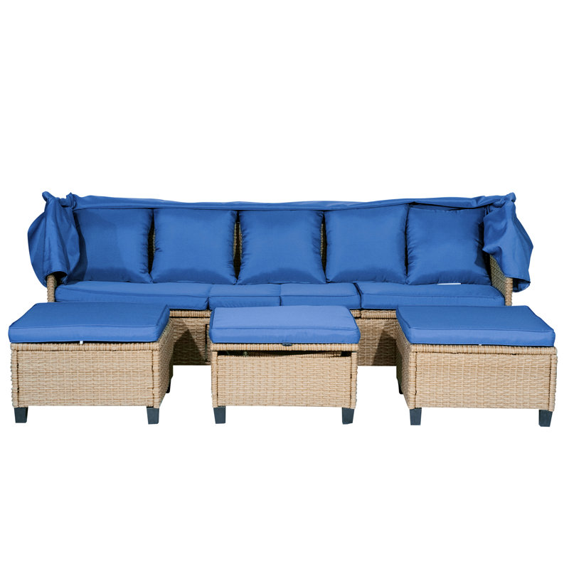 Ensemble de 4 canapés de patio en résine tressée résistante aux rayons UV avec auvent rétractable, Bleu