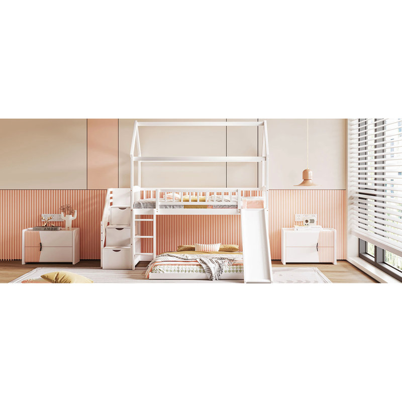 Lit simple au-dessus d'un lit superposé avec glissade, lit blanc, lit d'appoint, blanc et nuits confortables, Blanc