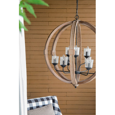 Lustre en forme de globe à 9 lumières, lustre en bois avec chaîne réglable pour le vestibule de la salle à manger de la cuisine, ampoule non incluse