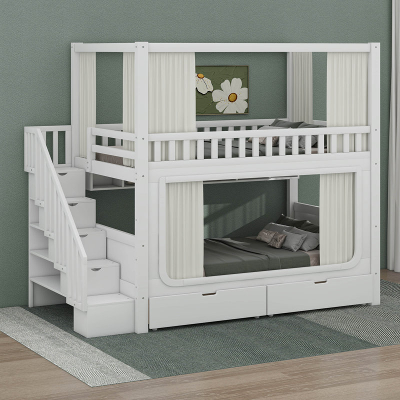 Lit superposé double au-dessus de double avec rideaux d'intimité, lumières DEL sous le lit, escalier de rangement