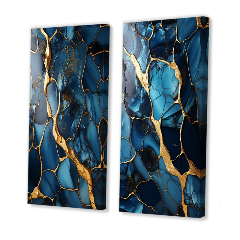 Or et saphir bleu marbre mosaïque IV - ensemble de 2 décorations murales abstraites, Toile tendue, H 28 po x l 25 po