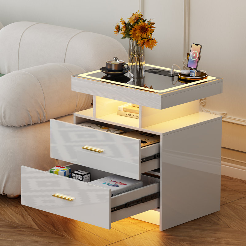 Modern Led Nightstand With Wireless Charging, Usb Ports, And Auto-sensing Light – Smart Bedside Table With Storage Drawers