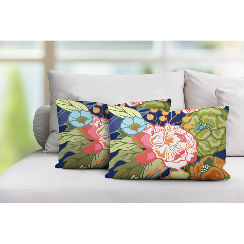 Nouvel Floral Indoor/Outdoor Lumbar Pillow, Navy Blue