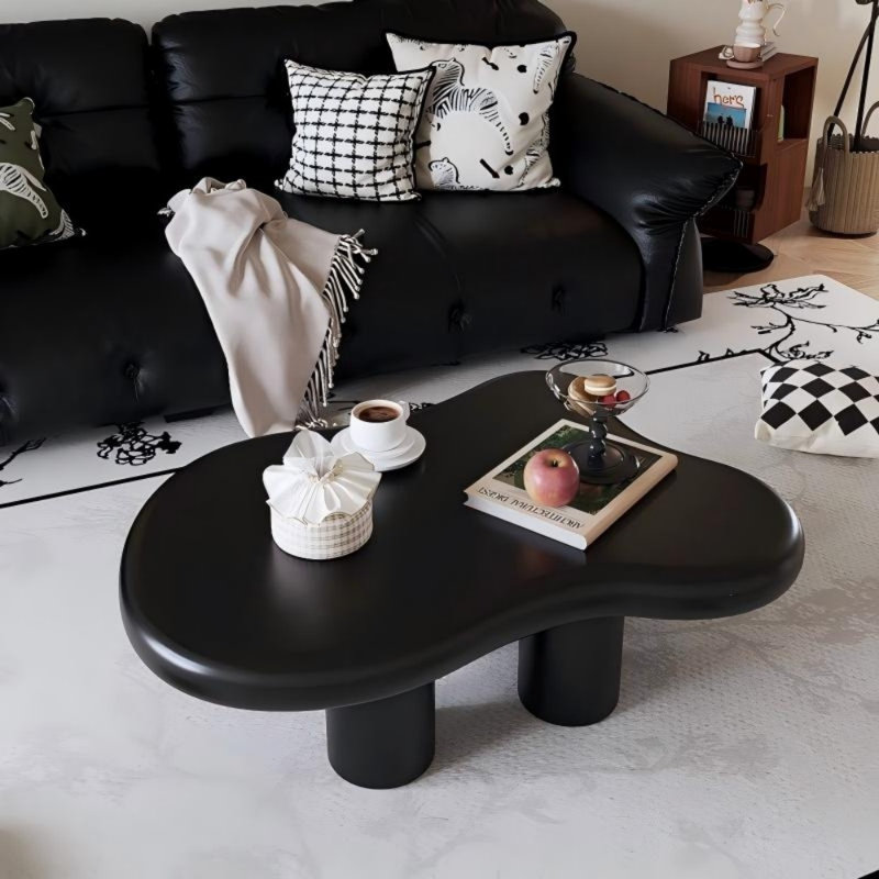 Table basse en forme de nuage de 100 cm de long et 70 cm de large, table centrale noire irrégulière avec 4 pieds épais pour salon