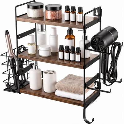 3-tier Wall Mounted Hair Dryer Holder, Adjustable Wood ，Metal Hair Tool Organizer with Detachable Basket ， Side Hooks, Rust resistant for Bathroom Vanity, Kitchen, Toiletries