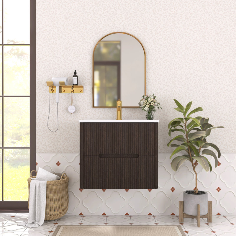 Modern Fluted Bathroom Vanity - Water-resistant Build, Dark Brown, 24"