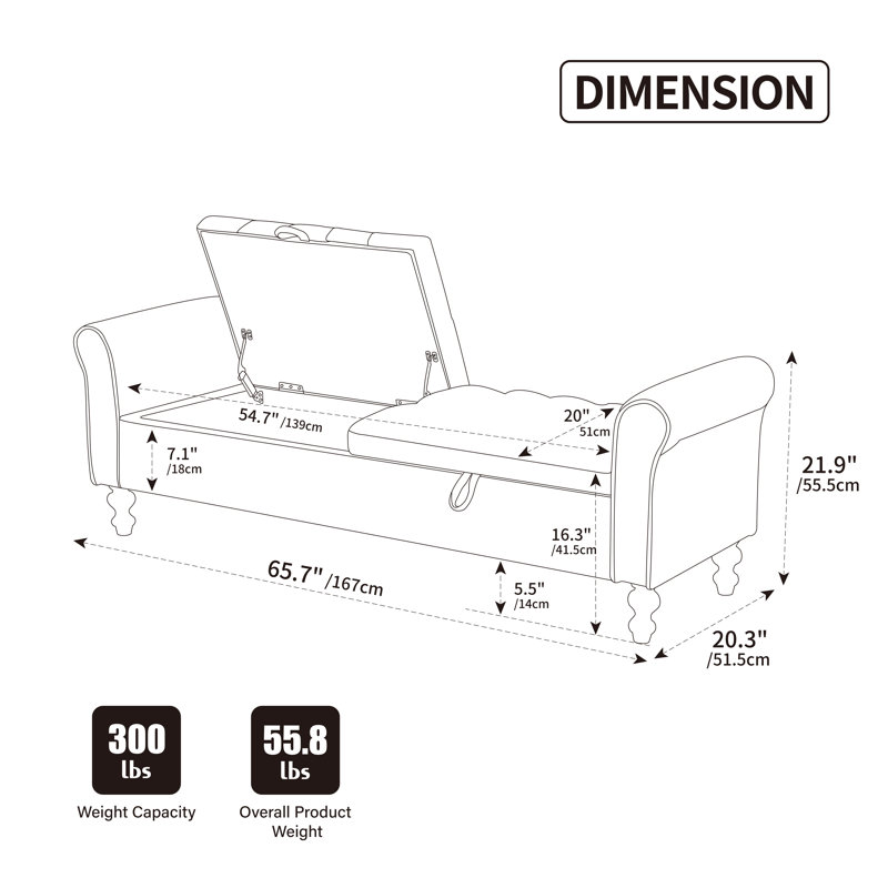 65.75" Wide Upholstered Storage Bench, Black