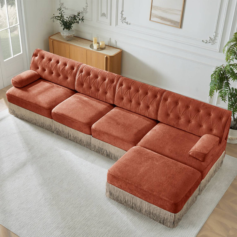 Canapé modulaire en L avec repose-pieds Chesterfield, Rouge