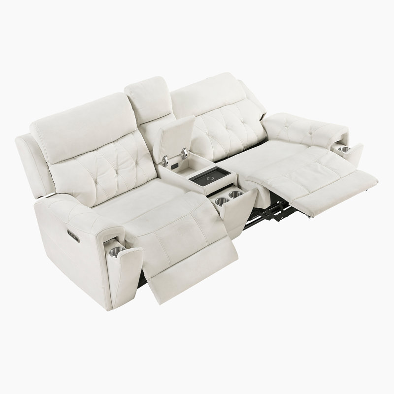 Hemington 84.5" Modern & Contemporary Polished Microfiber Power Recliner with Power Headrests, Wireless Charging, USB Ports and Console.