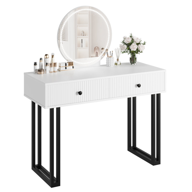 Vanity Desk with LED Mirror and 2 Drawers, Modern Makeup Dressing Table with 3 Color Lighting Modes, White Black for Bedroom Apartment Dorm