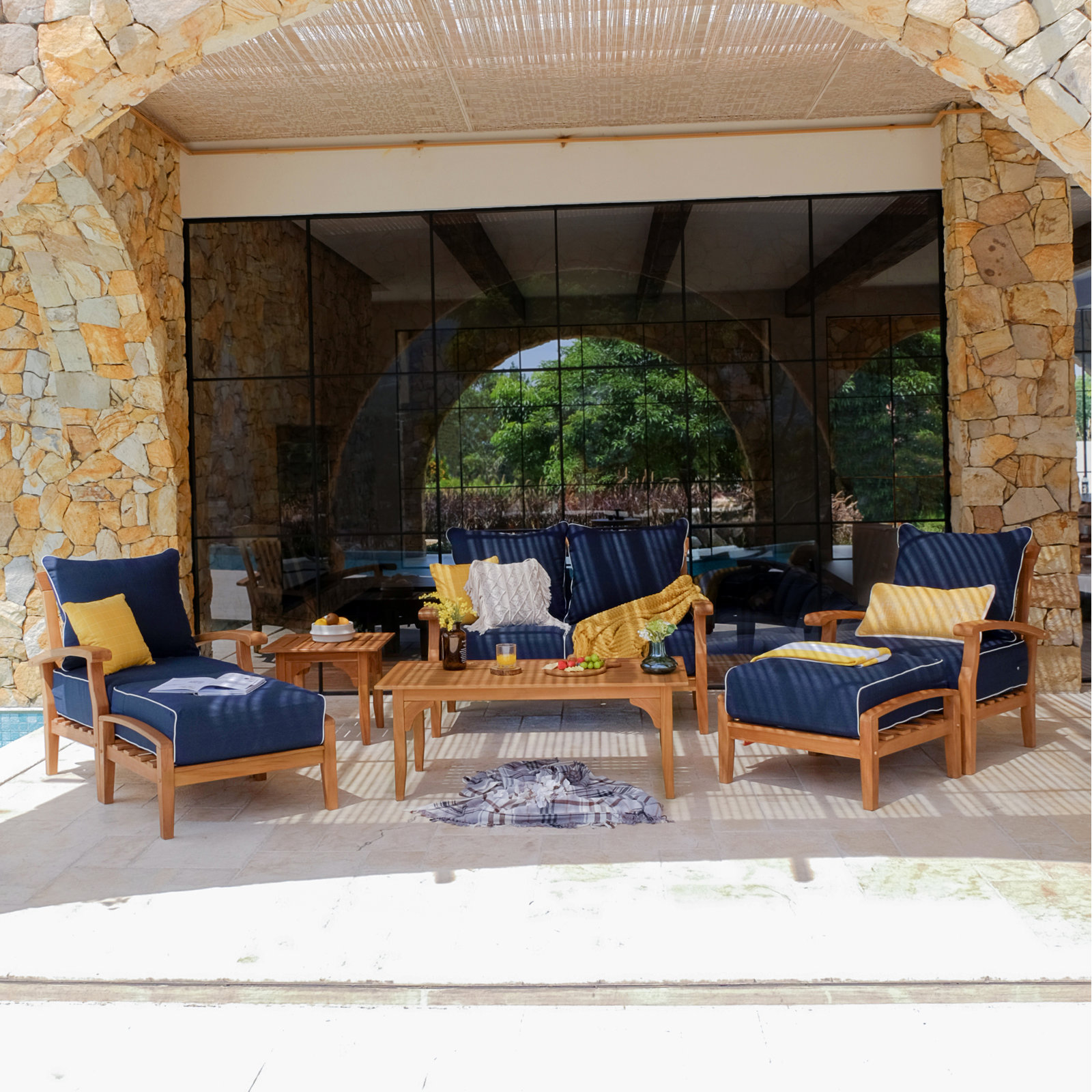 Summerton 54" Teak Patio Loveseat, Natural, Navy White Piping