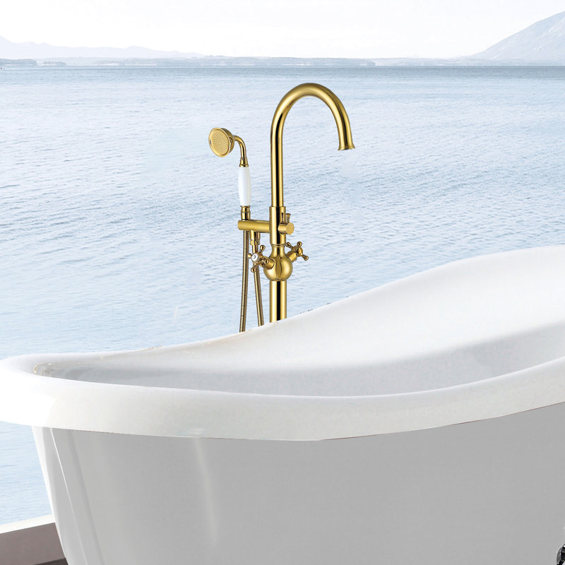 Robinet de baignoire autoportant en métal doré avec douche à main coordonnée, débit d'eau de 3,9 gal / min, profondeur de 45,89 po, largeur de 6,64 po, boîte de détail complète et instructions, finition de salle de bain moderne, matériau