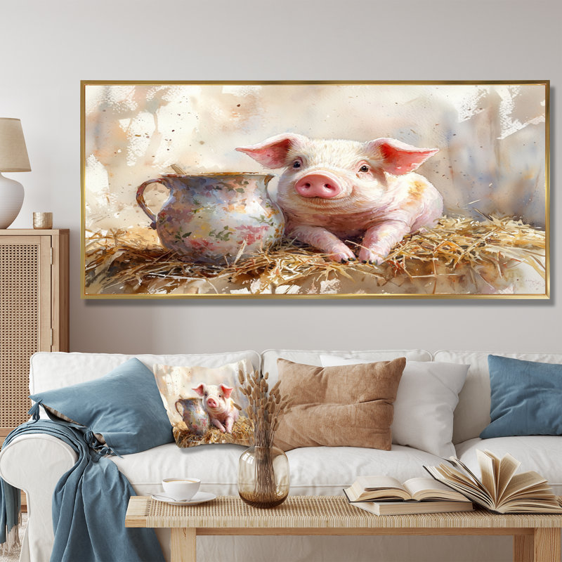 «Milk and Pig Portrait At The Farm I», reproduction sur toile encadrée, 24" H x 32" W, Cadre flottant doré