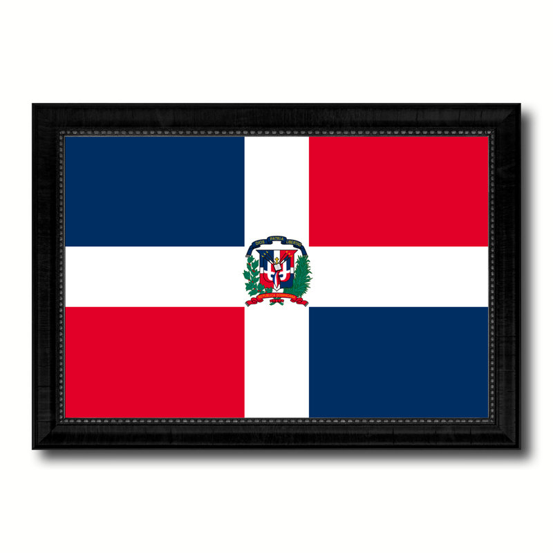 Drapeau de la république dominicaine sur toile, H 19 po x l 27 po x P 1 po, Encadrement noir
