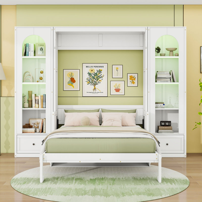 Grand lit escamotable en bois avec tiroirs de rangement, tablettes et bandes lumineuses à DEL, Blanc