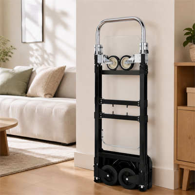 Chariot à main pliable noir 2 en 1 en acier au carbone à haute résistance avec capacité de 500 lb en mode 4 roues avec base réglable extensible et roues pivotantes à 360 degrés