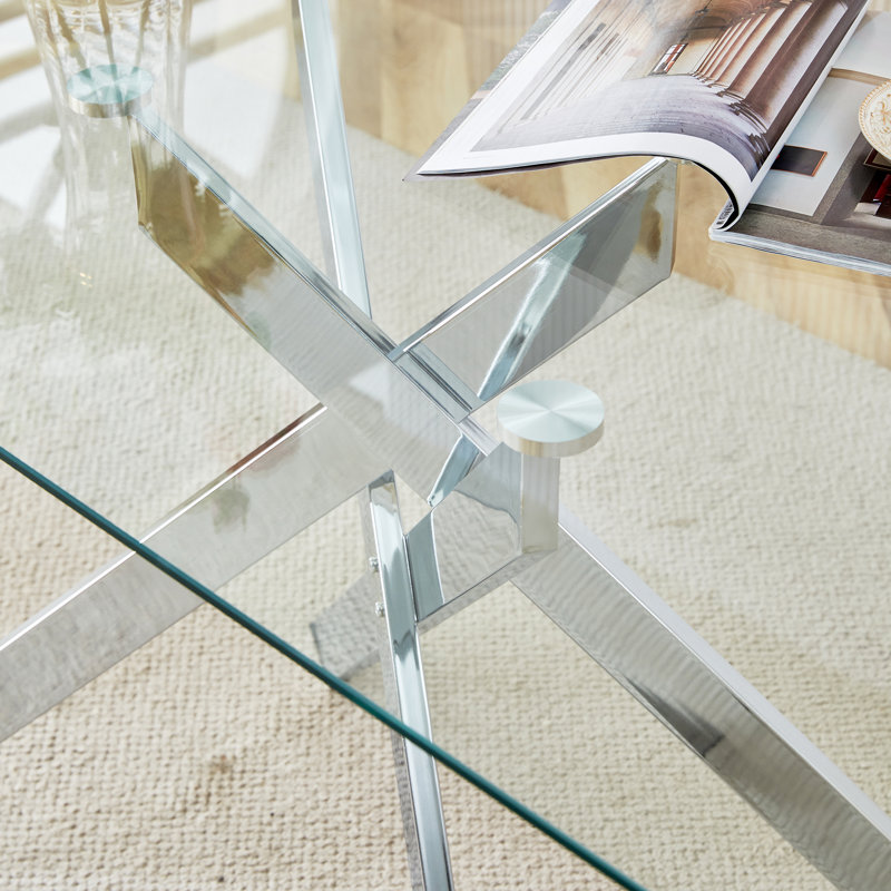 51.18" Rectangular Clear Tempered Glass Dining Table,Stylish Design with Silver Chrome Plated Metal Legs, Dining Table for Dining Room