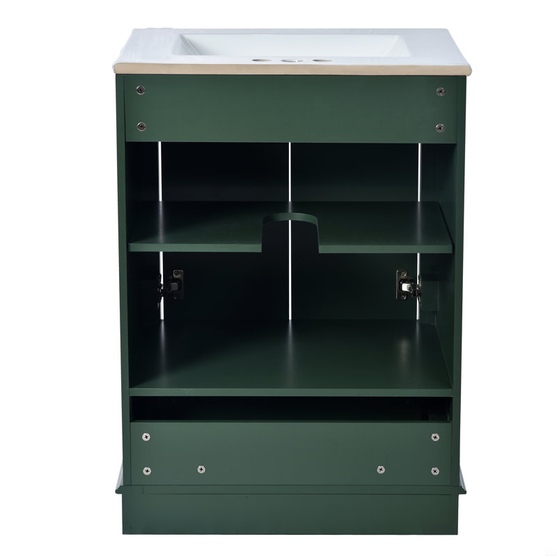 Defelice Bathroom Vanity With Ceramic Sink Combo, Freestanding Storage Cabinet With Handles, Soft Closing Doors, Green, Gold