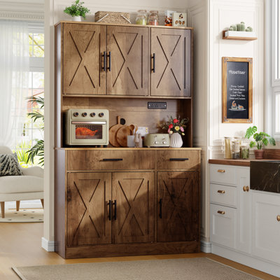 70'' Kitchen Pantry Cabinet with Adjustable Shelves and Built-In AC Outlets & USB Charging Station