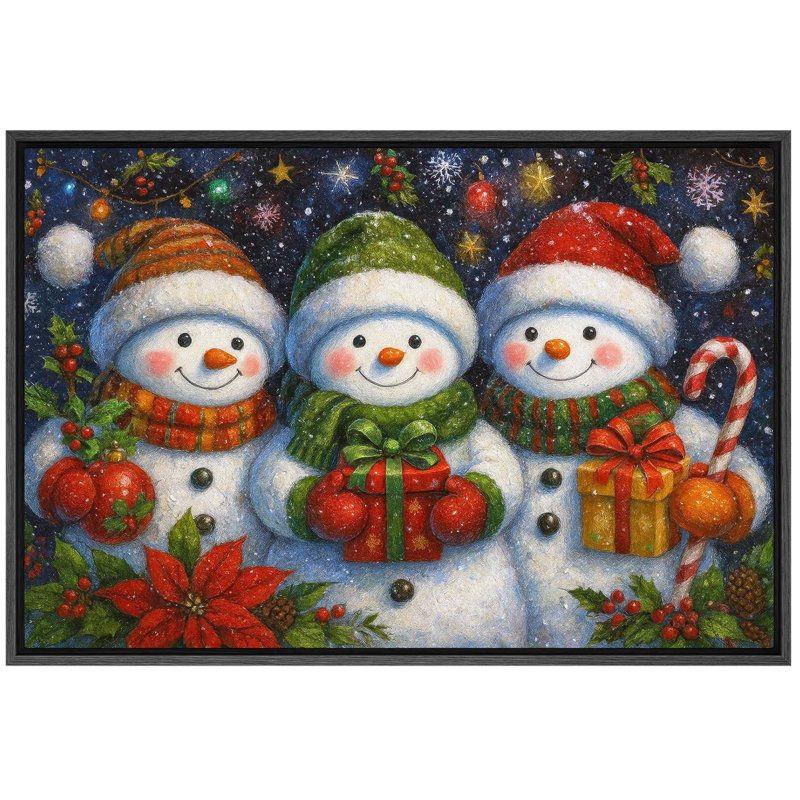 «Christmas Snowmen Artwork Holiday Cheer», reproduction d'art sur toile encadrée, H 16 po x l 24 po x P 1,5 po, Cadre noir