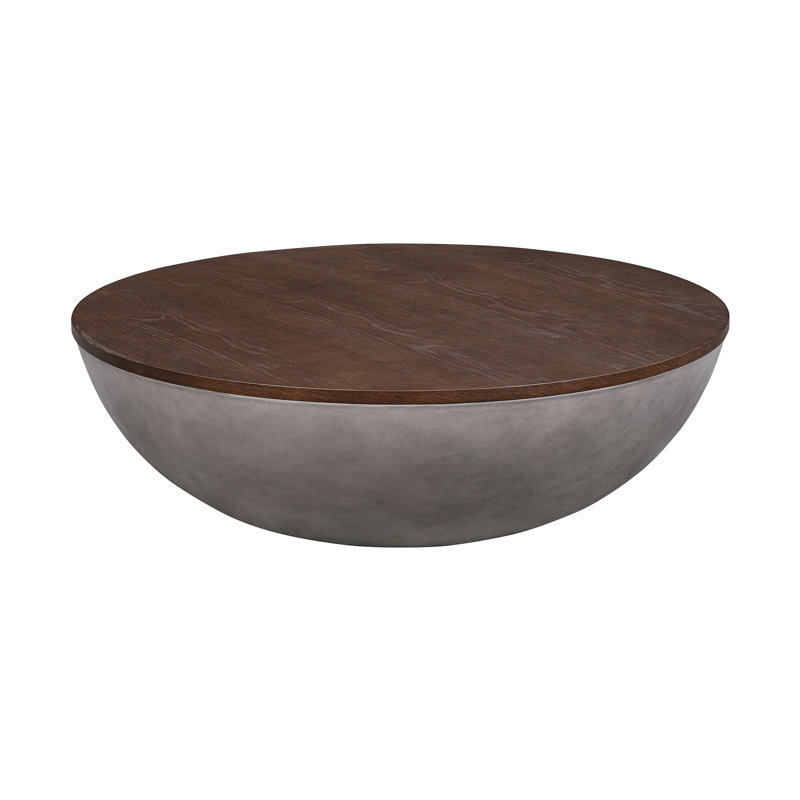 Mitton 48" Wide Round Coffee Table In Concrete And Brushed Oak Wood, Brown
